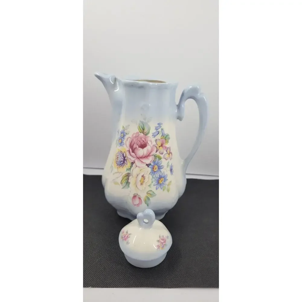 floral Coffee Pot with Lid Blue Pink Flowers Ceramic Cottage Decor 9